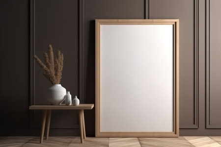 Interior design - empty wooden frame on the wall, modern and minimalist interior. Mockup illustration. Generative AIの素材