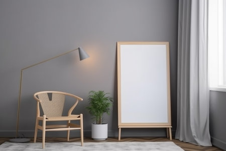 Interior design - empty wooden frame on the wall, modern and minimalist interior. Mockup illustration. Generative AIの素材