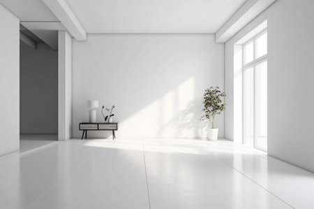 Modern minimalist scandinavian interior with a big empty wall - mockup design. Illustration created with generative AIの素材