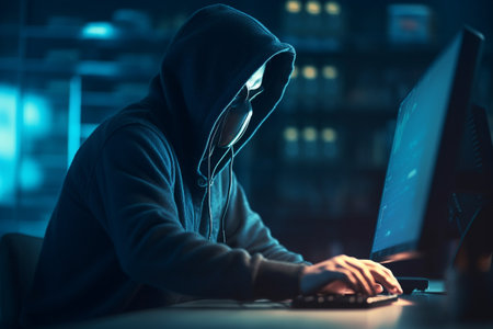 Masked hacker, working on computer. Conceptual illustration. Created with generative AIの素材