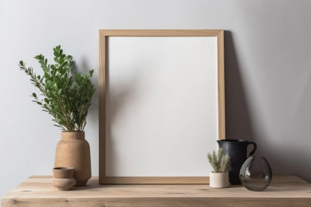 Interior design - empty wooden frame on the wall, modern and minimalist interior. Mockup illustration. Generative AIの素材