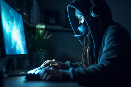 Masked hacker, working on computer. Conceptual illustration. Created with generative AIの素材