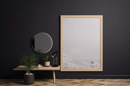 Interior design - empty wooden frame on the wall, modern and minimalist interior. Mockup illustration. Generative AIの素材
