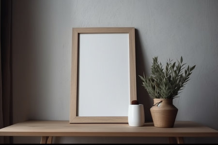 Interior design - empty wooden frame on the wall, modern and minimalist interior. Mockup illustration. Generative AIの素材