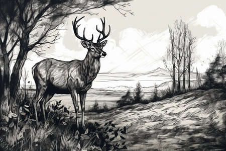 Hand drawn deer in his natural habitat. Ink illustration created with generative AIの素材