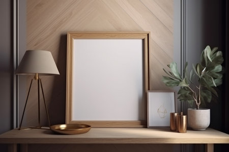 Interior design - empty wooden frame on the wall, modern and minimalist interior. Mockup illustration. Generative AIの素材