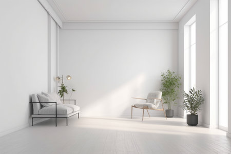Modern minimalist scandinavian interior with a big empty wall - mockup design. Illustration created with generative AIの素材