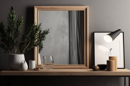 Interior design - empty wooden frame on the wall, modern and minimalist interior. Mockup illustration. Generative AIの素材