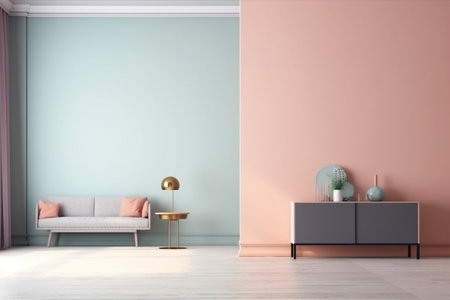 Modern minimalist scandinavian interior with a big empty wall - mockup design. Illustration created with generative AIの素材