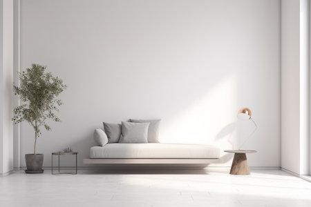 Modern minimalist scandinavian interior with a big empty wall - mockup design. Illustration created with generative AIの素材