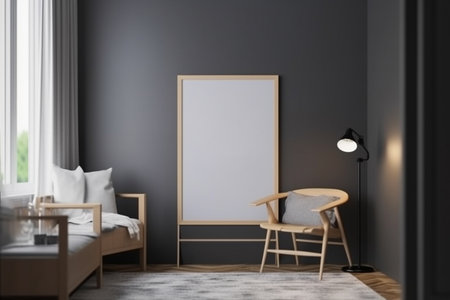 Interior design - empty wooden frame on the wall, modern and minimalist interior. Mockup illustration. Generative AIの素材