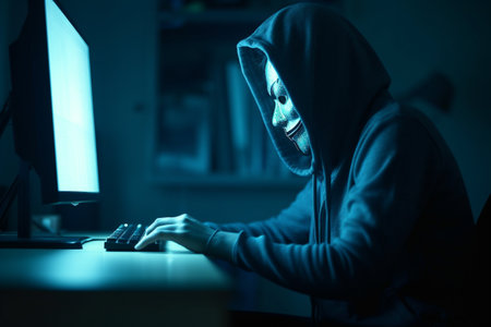 Masked hacker, working on computer. Conceptual illustration. Created with generative AIの素材