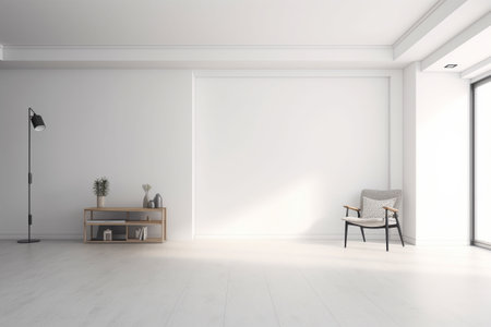 Modern minimalist scandinavian interior with a big empty wall - mockup design. Illustration created with generative AIの素材