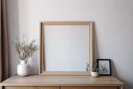 Interior design - empty wooden frame on the wall, modern and minimalist interior. Mockup illustration. Generative AIの素材