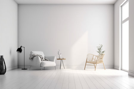 Modern minimalist scandinavian interior with a big empty wall - mockup design. Illustration created with generative AIの素材