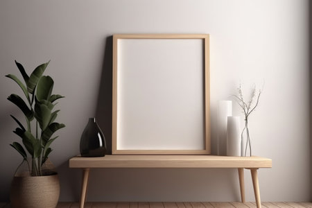Interior design - empty wooden frame on the wall, modern and minimalist interior. Mockup illustration. Generative AIの素材