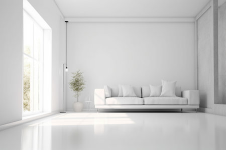 Modern minimalist scandinavian interior with a big empty wall - mockup design. Illustration created with generative AIの素材
