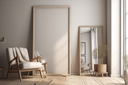 Interior design - empty wooden frame on the wall, modern and minimalist interior. Mockup illustration. Generative AIの素材