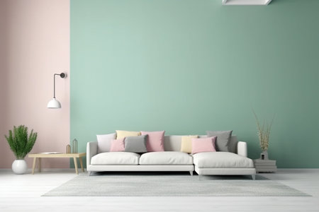 Modern minimalist scandinavian interior with a big empty wall - mockup design. Illustration created with generative AIの素材