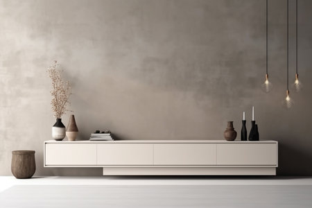 Modern minimalist scandinavian interior with a big empty wall - mockup design. Illustration created with generative AIの素材