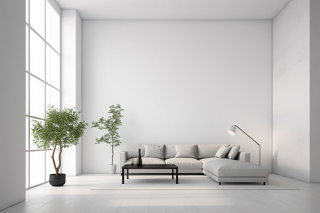 Modern minimalist scandinavian interior with a big empty wall - mockup design. Illustration created with generative AIの素材