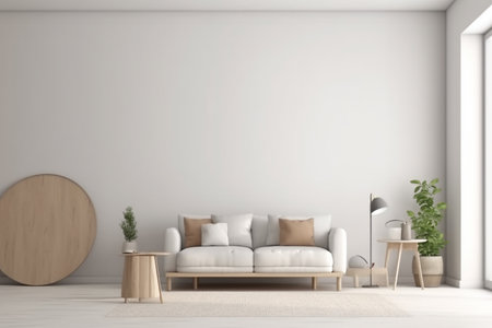 Modern minimalist scandinavian interior with a big empty wall - mockup design. Illustration created with generative AIの素材