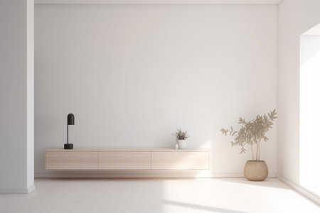 Modern minimalist scandinavian interior with a big empty wall - mockup design. Illustration created with generative AIの素材