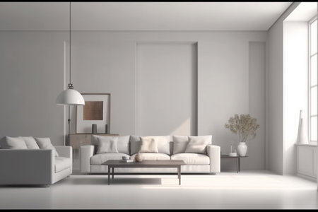 Modern minimalist scandinavian interior with a big empty wall - mockup design. Illustration created with generative AIの素材