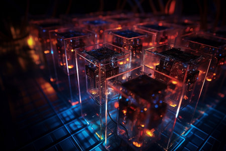 Quantum computer, qubits changing state, achieving quantum supremacy. Conceptual illustration. Generative AIの素材