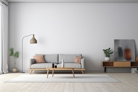Modern minimalist scandinavian interior with a big empty wall - mockup design. Illustration created with generative AIの素材