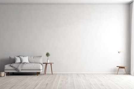 Modern minimalist scandinavian interior with a big empty wall - mockup design. Illustration created with generative AIの素材