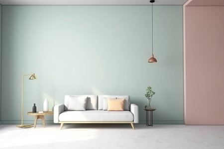 Modern minimalist scandinavian interior with a big empty wall - mockup design. Illustration created with generative AIの素材