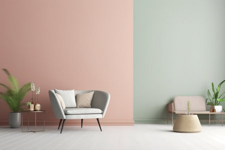 Modern minimalist scandinavian interior with a big empty wall - mockup design. Illustration created with generative AIの素材