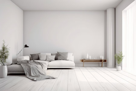 Modern minimalist scandinavian interior with a big empty wall - mockup design. Illustration created with generative AIの素材