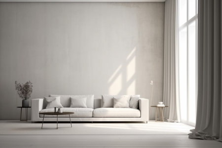 Modern minimalist scandinavian interior with a big empty wall - mockup design. Illustration created with generative AIの素材