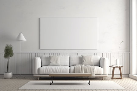 Modern minimalist scandinavian interior with a big empty wall - mockup design. Illustration created with generative AIの素材