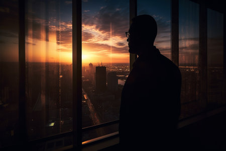 Successfull businessman or CEO in his office, looking through a large window to the busy city at sunset. Bsuiness conceptual illustration. Generative AIの素材