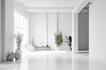 Modern minimalist scandinavian interior with a big empty wall - mockup design. Illustration created with generative AIの素材