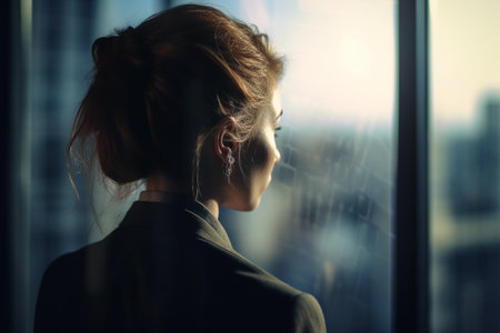 Conceptual portrait of a successfull business woman. She is looking through the window of her office to the busy town. Illustration. Generative AIの素材