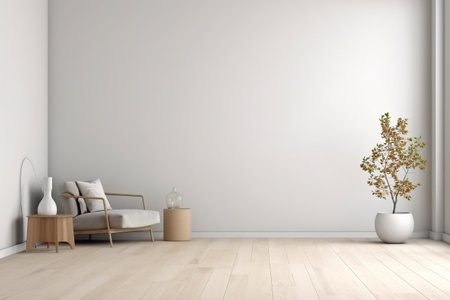 Modern minimalist scandinavian interior with a big empty wall - mockup design. Illustration created with generative AIの素材