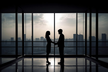 Sihouettes of a businessman and a businesswoman shaking hands, closing a deal, in an office building. Generative AIの素材