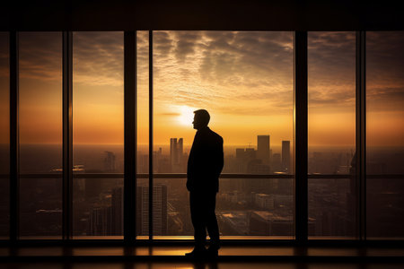 Successfull businessman or CEO in his office, looking through a large window to the busy city at sunset. Bsuiness conceptual illustration. Generative AIの素材