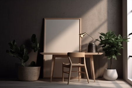 Interior design - empty wooden frame on the wall, modern and minimalist interior. Mockup illustration. Generative AIの素材