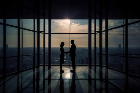 Sihouettes of a businessman and a businesswoman shaking hands, closing a deal, in an office building. Generative AIの素材