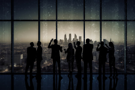 Bsuiness people inside an office, cheering and drinking champagne, silhouette. Generative AIの素材
