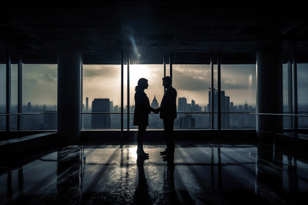 Sihouettes of a businessman and a businesswoman shaking hands, closing a deal, in an office building. Generative AIの素材