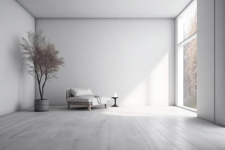 Modern minimalist scandinavian interior with a big empty wall - mockup design. Illustration created with generative AIの素材