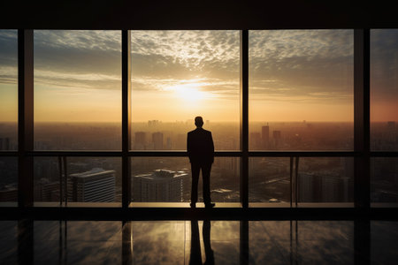 Successfull businessman or CEO in his office, looking through a large window to the busy city at sunset. Bsuiness conceptual illustration. Generative AIの素材
