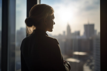 Conceptual portrait of a successfull business woman. She is looking through the window of her office to the busy town. Illustration. Generative AIの素材
