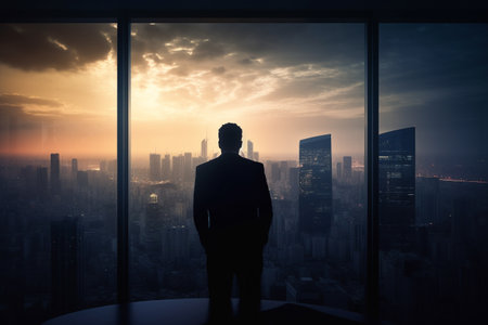 Successfull businessman or CEO in his office, looking through a large window to the busy city at sunset. Bsuiness conceptual illustration. Generative AIの素材